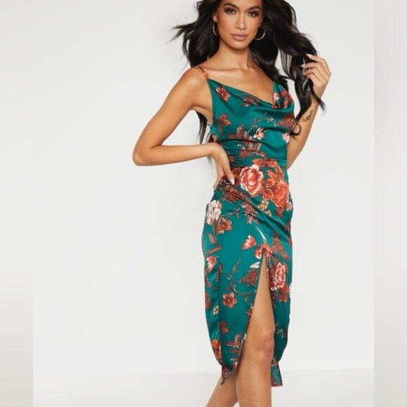 NEW Pretty Little Thing Emerald Green Floral Strappy Satin Cowl Midi Dress - Picture 9 of 9